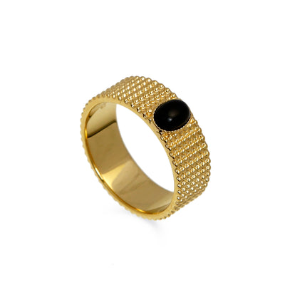 Gold Textured Band Ring with Onyx Gemstone