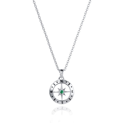 Image of Silver Compass Necklace With May Emerald Birthstone 