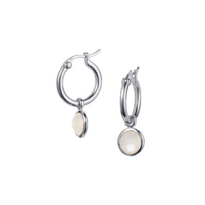 Product Shot of Silver and Moonstone Huggie Hoop Earrings