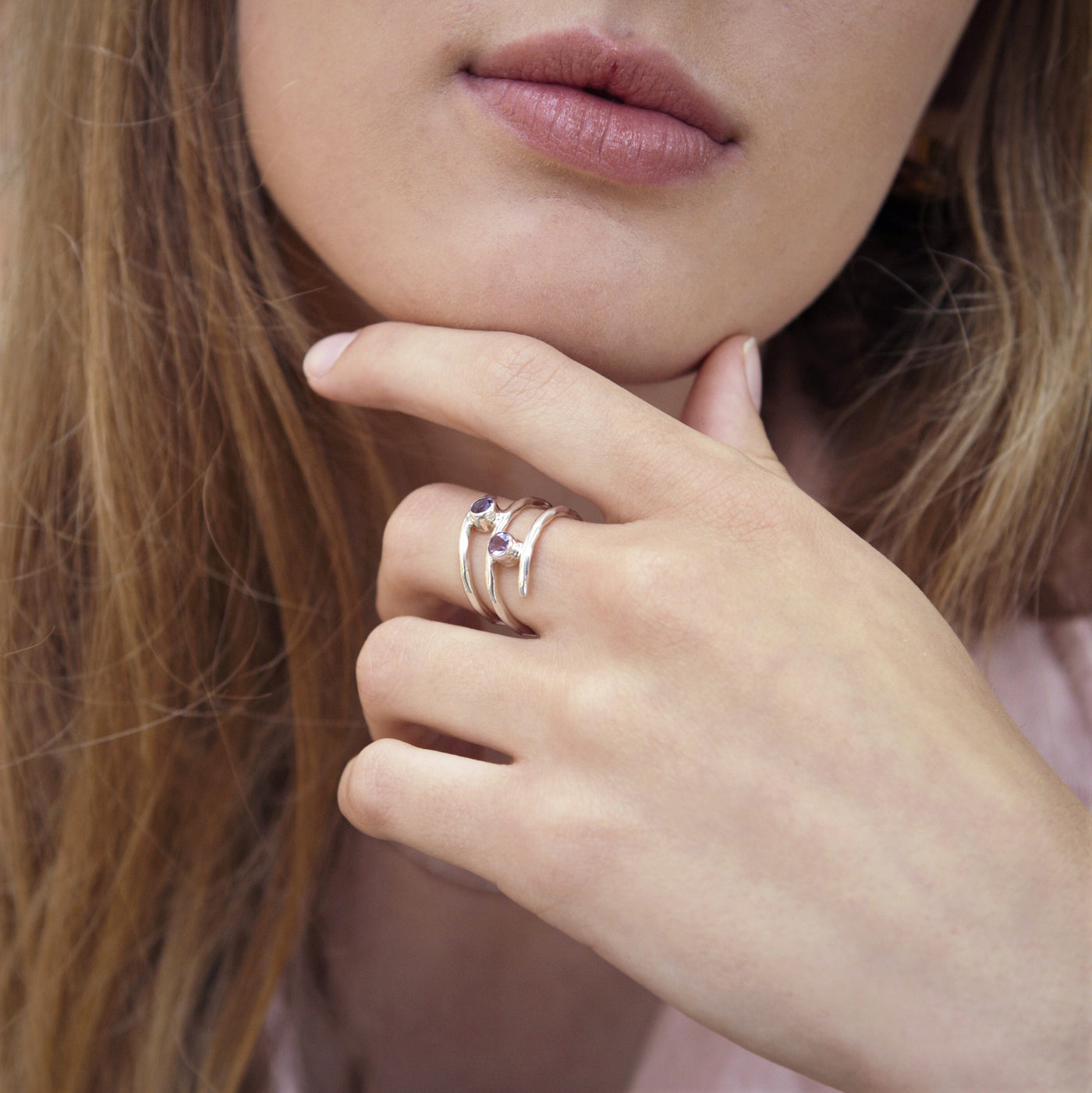 Model Wearing Fine Twist Amethyst Silver Ring