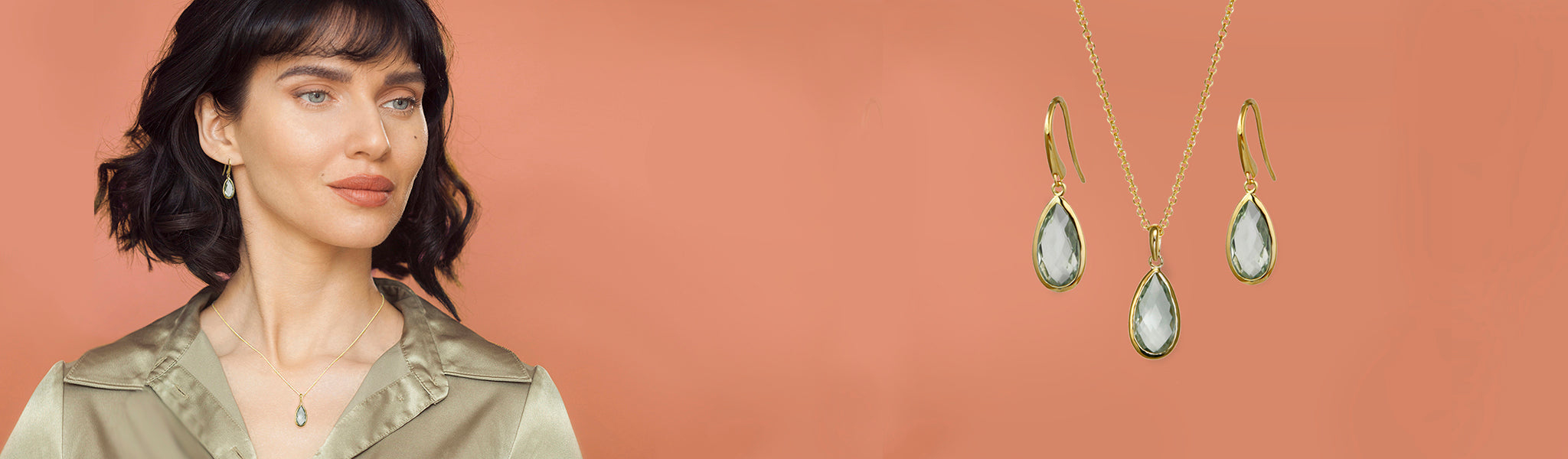 Model and green amethyst earring and necklace set as part of Christmas Gift Collection