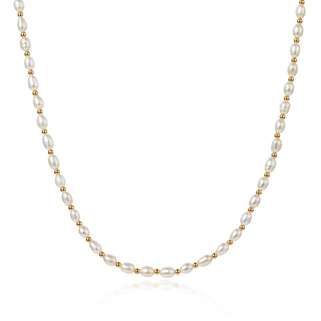 Long freshwater seed pearl necklace with gold beads on a white background