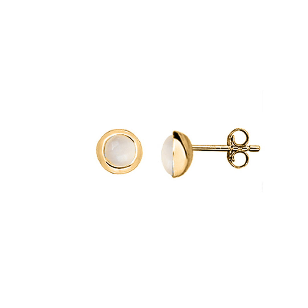 Gold earrings with round moonstone on a white background