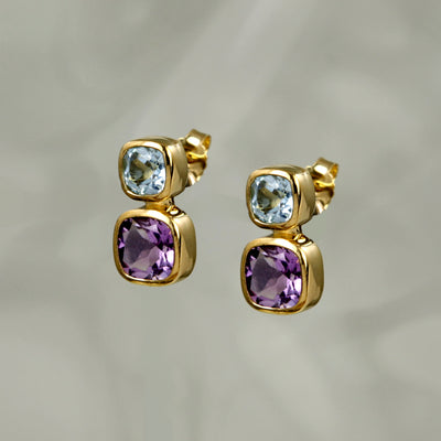 Gold Stud Earrings With Natural Amethyst And Blue Topaz