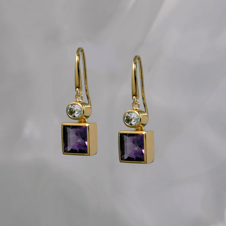 Gold Drop Earrings With Natural Amethyst And Blue Topaz