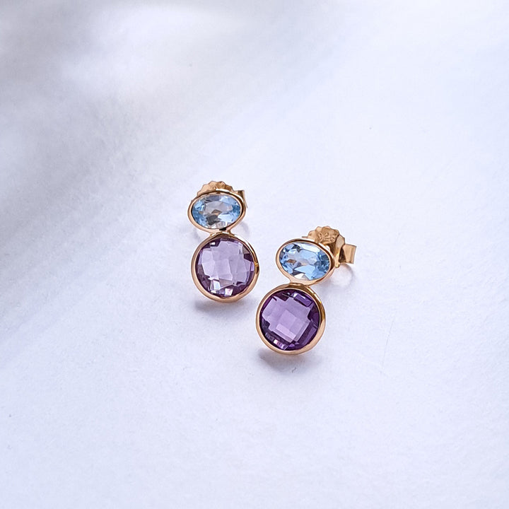Gold Stud Earrings With Natural Amethyst & Blue Topaz