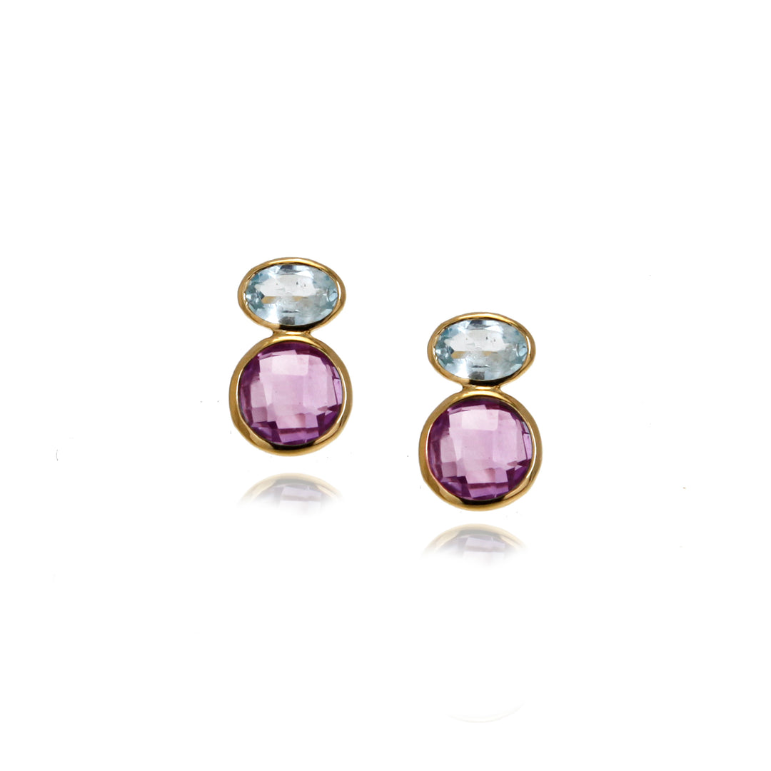 Amethyst and Blue Topaz Gold Stud Earrings