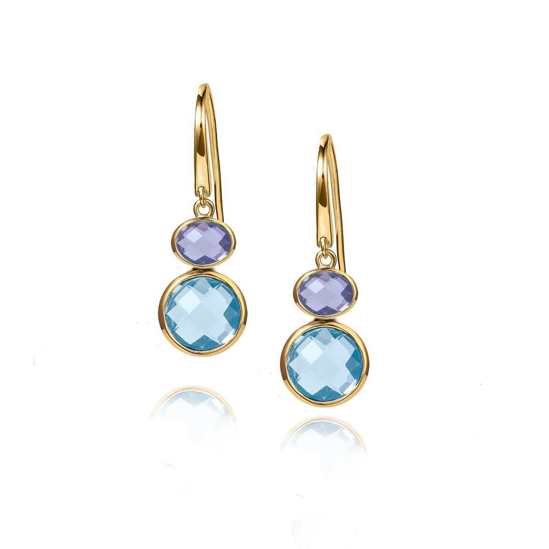 Gold Drop Earrings With Blue Topaz & Amethyst