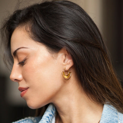 Gold Demi-Hoop Snap Post Earrings on Model