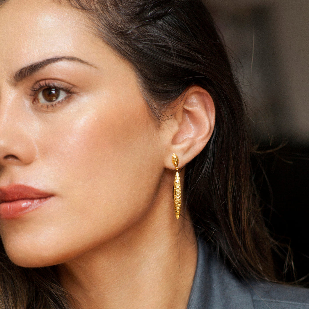 Gold Long Drop Stud Earrings on Model