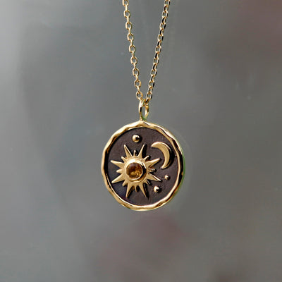 Gold Sun & Moon Pendant With Natural Citrine