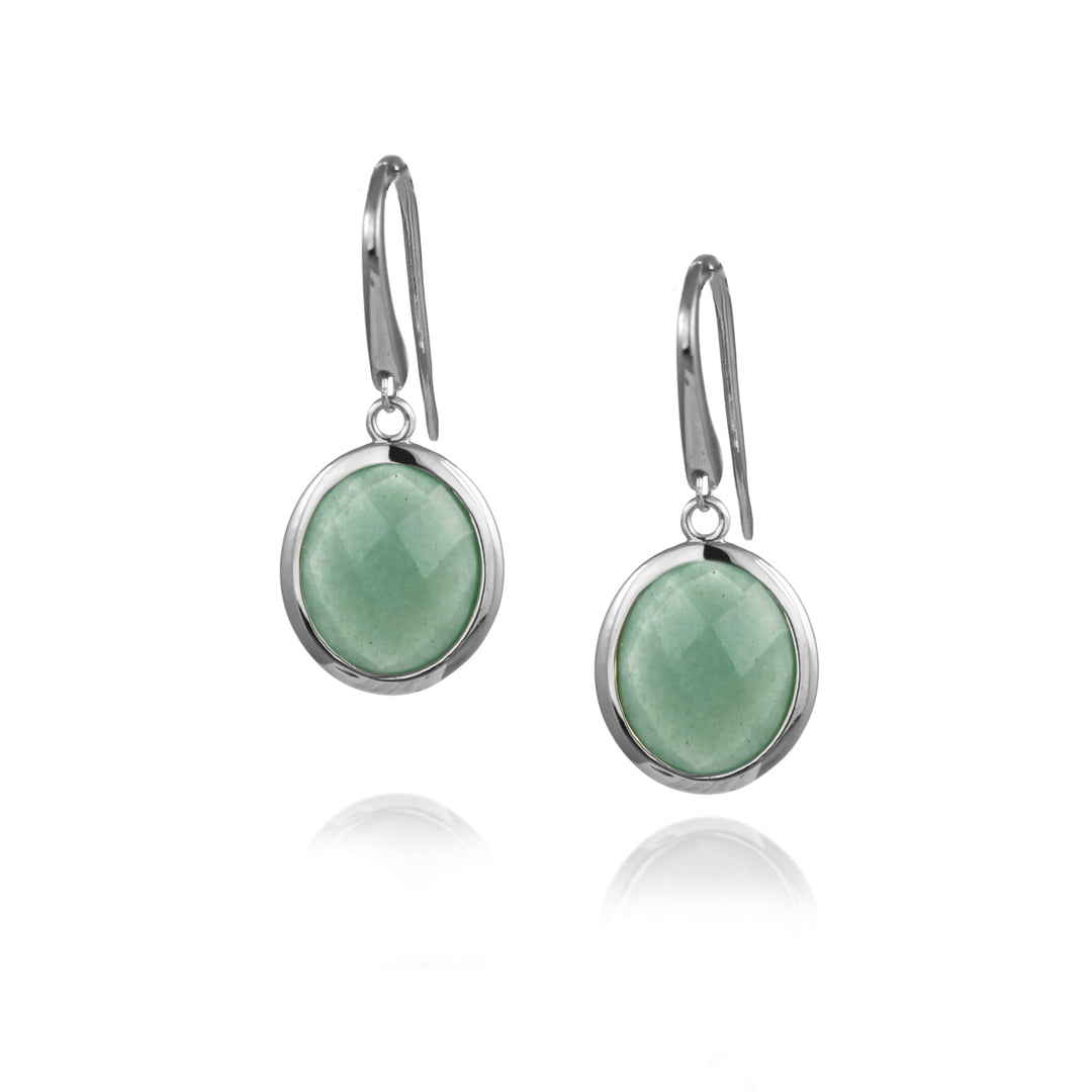 Pair of silver aventurine earrings with green gemstones on a white background