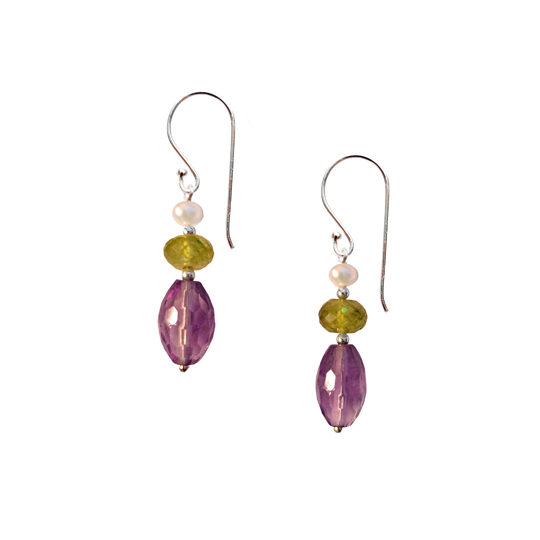 Silver Drop Earrings With Amethyst, Peridot and Pearl