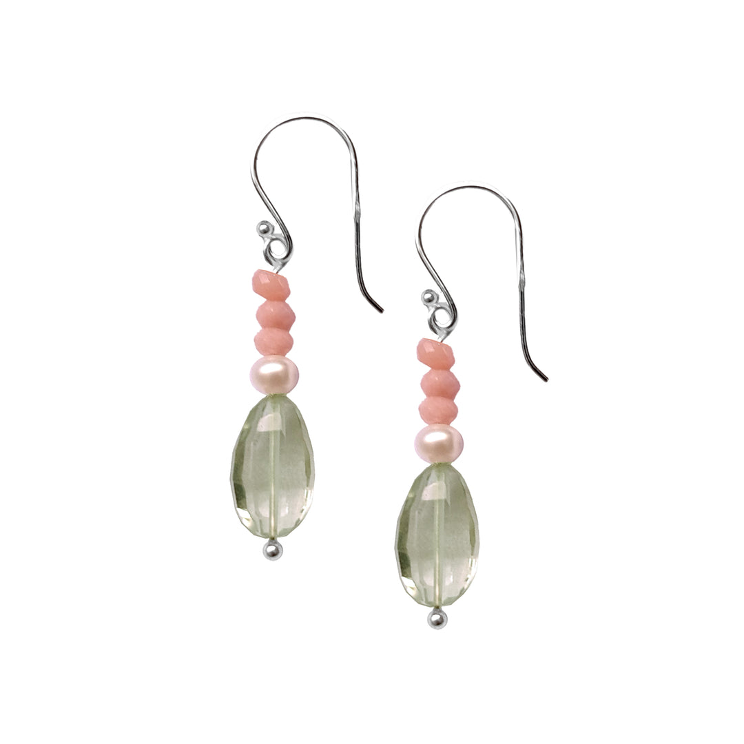 Silver Drop Earrings With Green Amethyst and Pink Opal