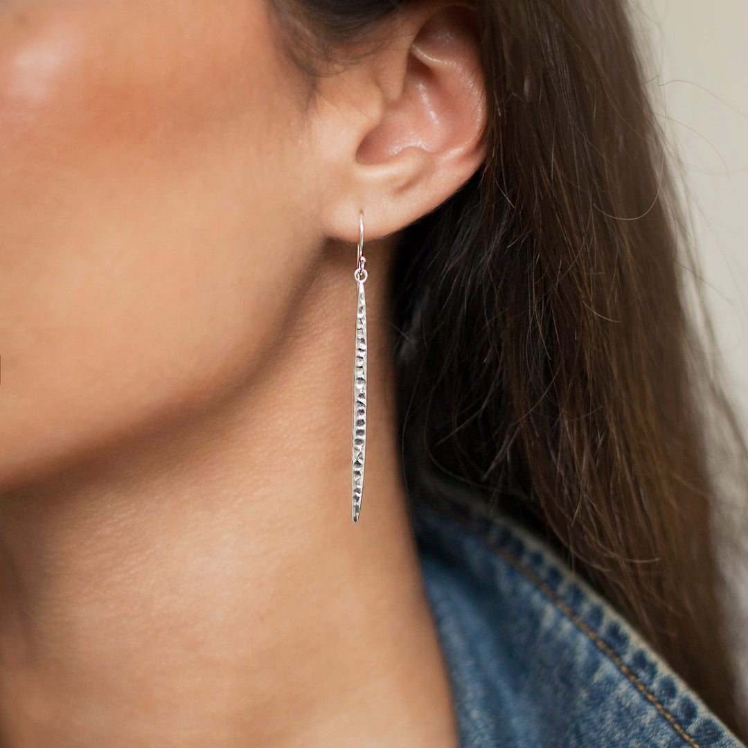 Silver Long Bar Drop Earrings on Model