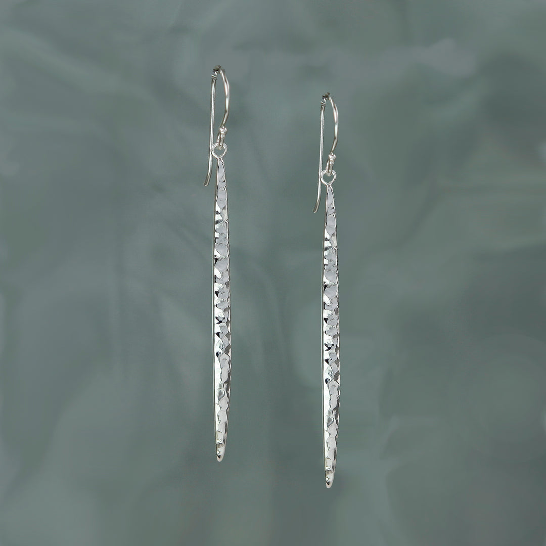 Silver Long Drop Textured Earrings