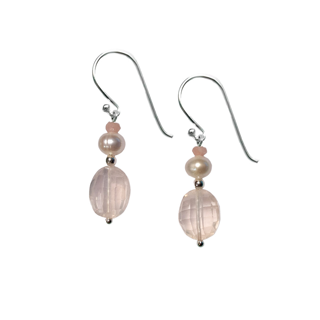 Silver Drop Earrings With Rose Quartz, Pearl and Pink Opal