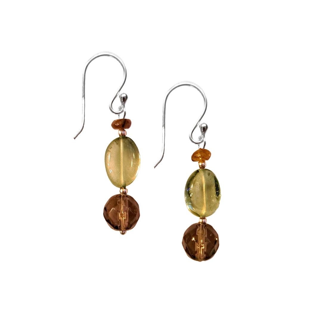 Silver Drop Earrings With Smoky Quartz, Lemon Quartz and Tourmaline