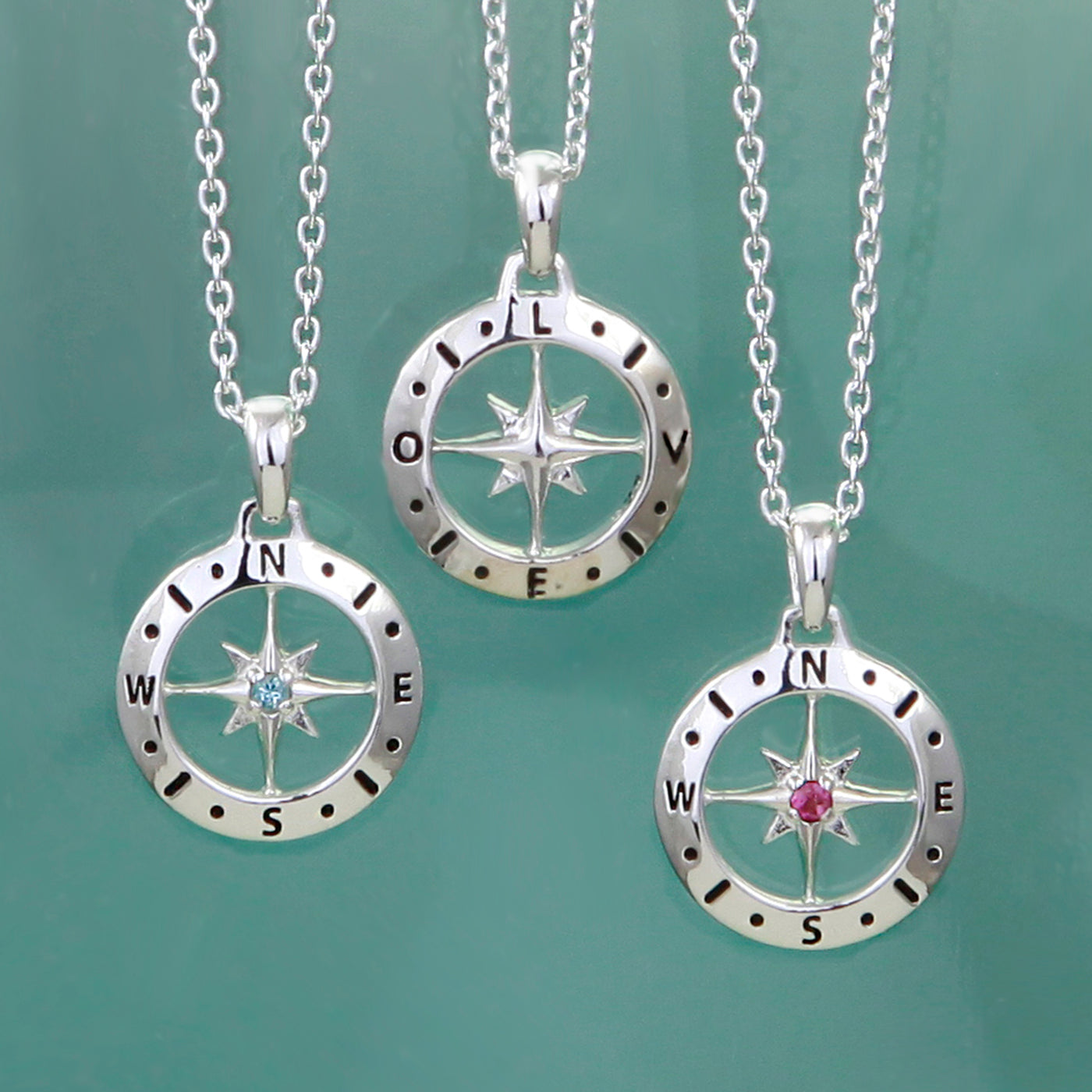 Birthstone Compass Necklaces In Silver