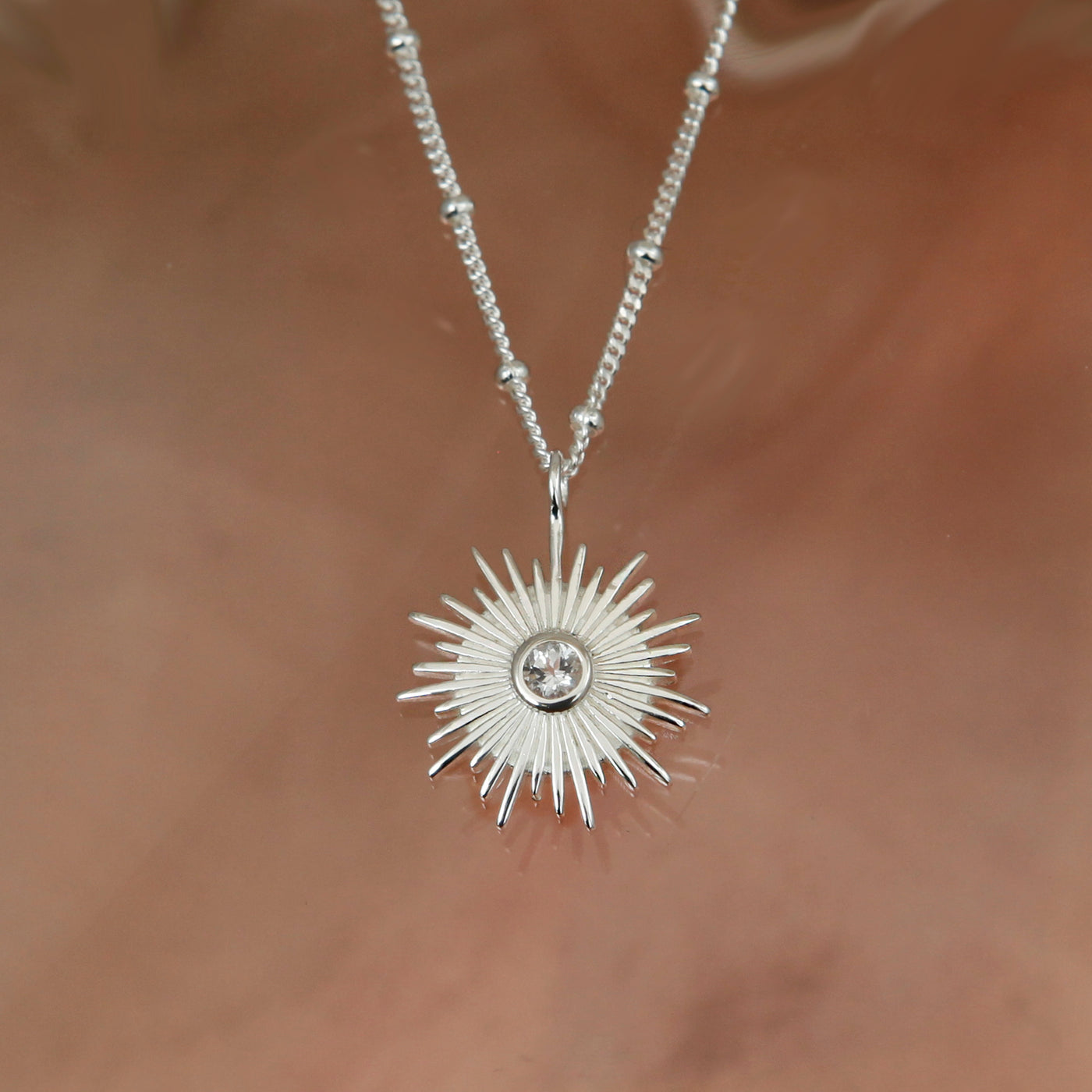 Silver Sun Necklace on Beaded Chain