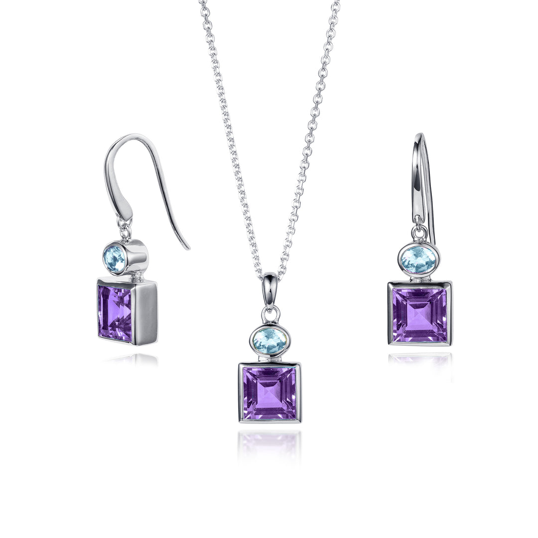 Square amethyst and oval blue topaz drop earring and matching necklace in sterling silver