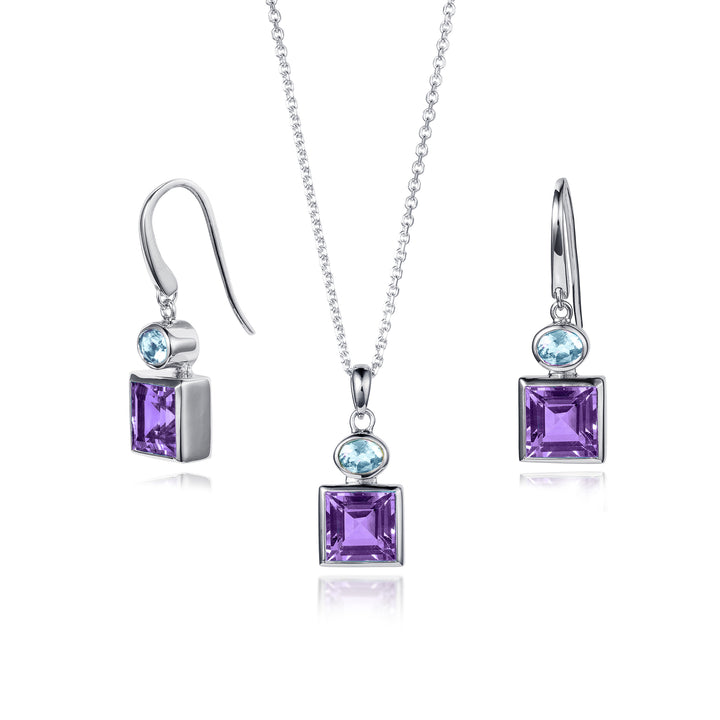 Square amethyst and oval blue topaz drop earring and matching necklace in sterling silver