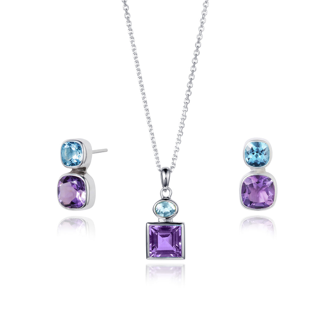 Amethyst and blue topaz stud earrings in sterling silver