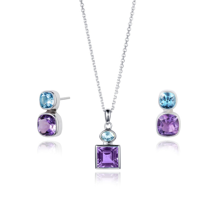 Amethyst and blue topaz stud earrings in sterling silver