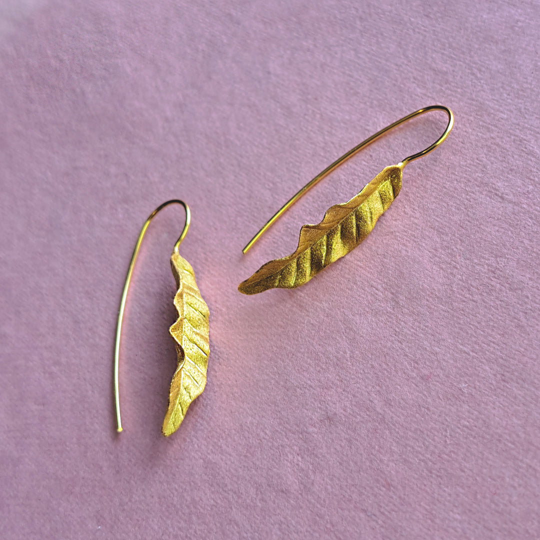 Alternative view of gold vermeil leaf drop earrings with threader hooks