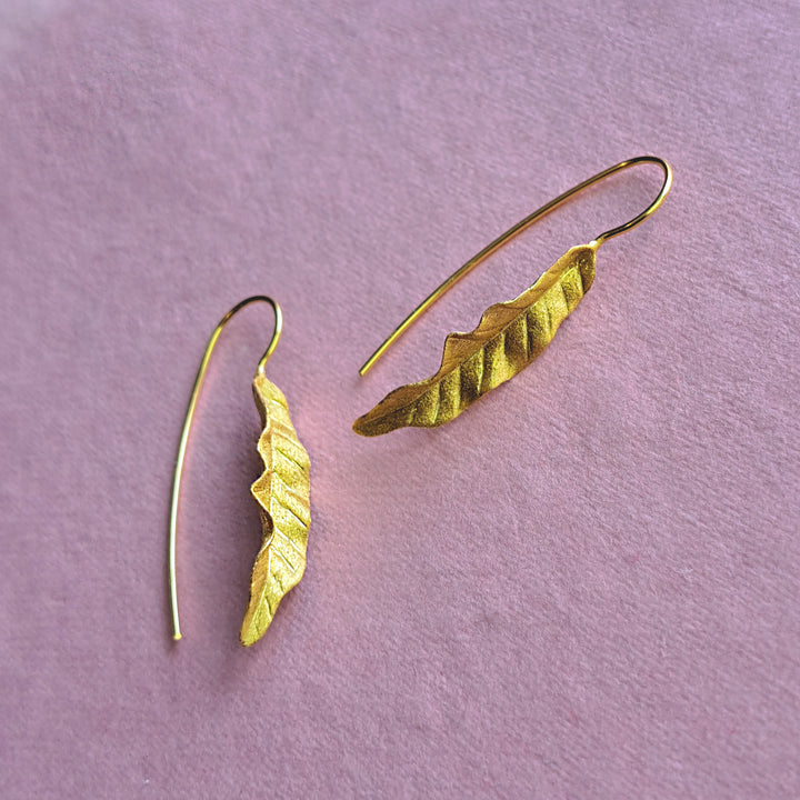 Alternative view of gold vermeil leaf drop earrings with threader hooks