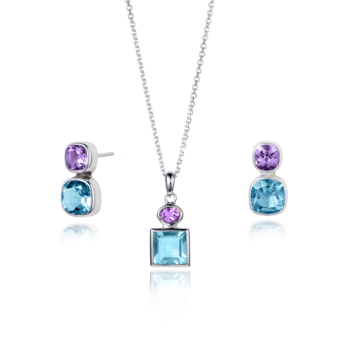 Blue topaz & amethyst stud earring and necklace set in sterling silver