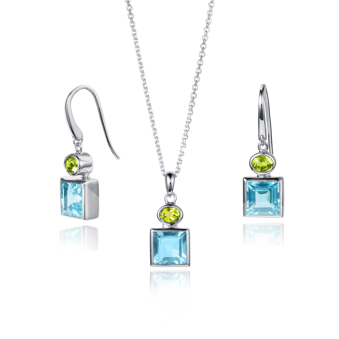 Square blue topaz and oval peridot drop earrings and pendant set in sterling silver