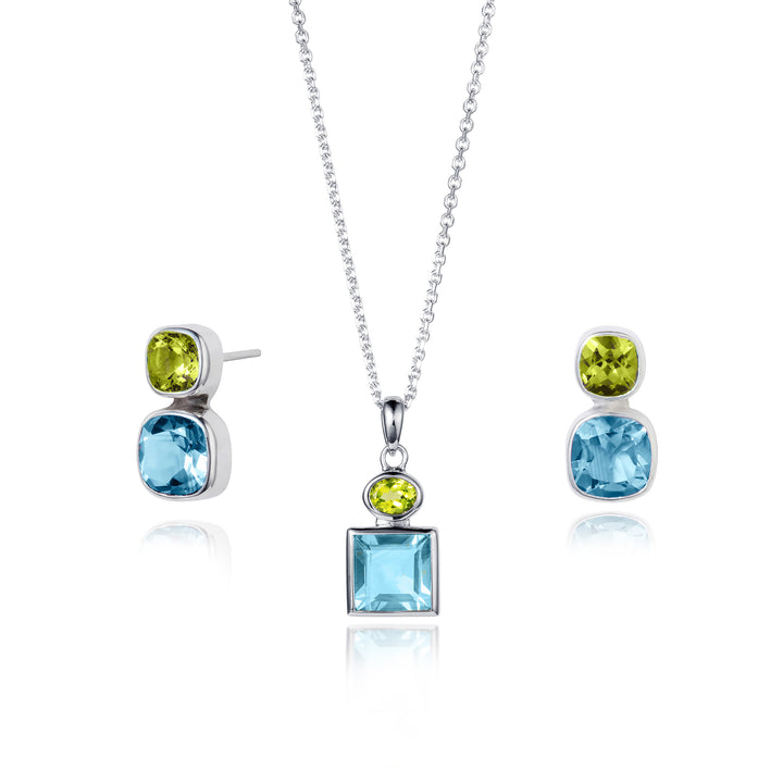 Blue topaz and peridot stud earrings and pendant set in sterling silver
