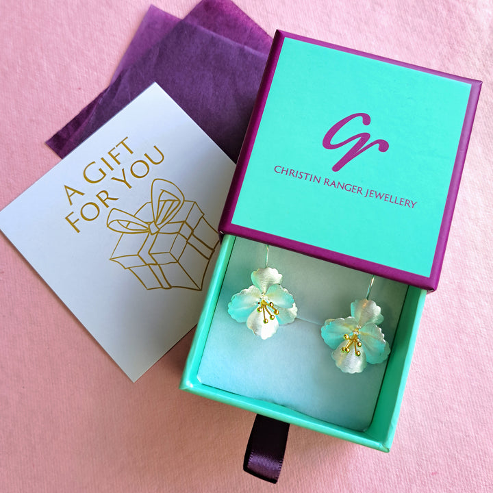 Cherry blossom drop earrings in Christin Ranger gift box with purple tissue and gift card