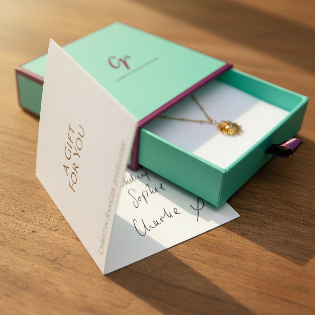 Image of a Christin Ranger Jewellery gift box and hand-written note card with gold sun necklace.
