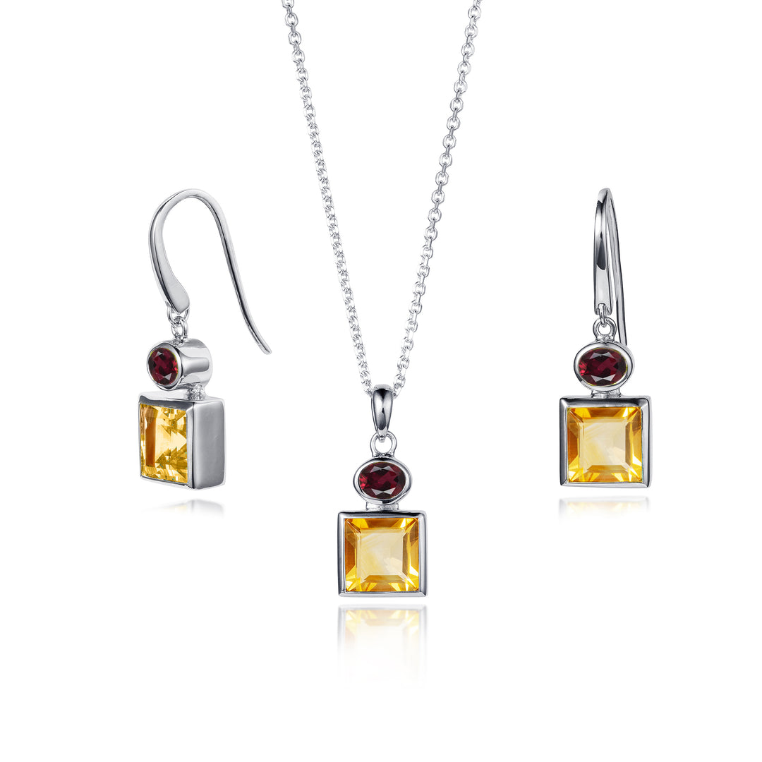Square citrine & oval garnet drop earring and necklace set in sterling silver