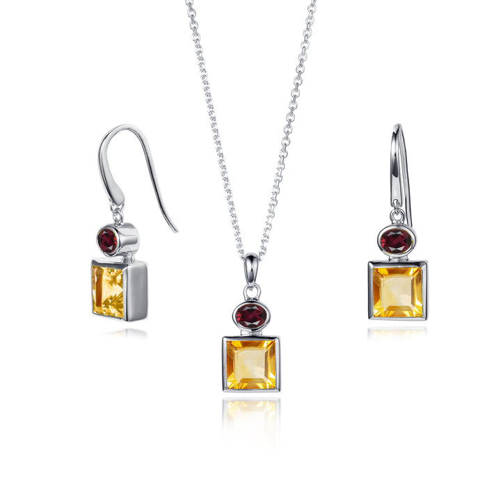 Square citrine & oval garnet drop earring and necklace set in sterling silver