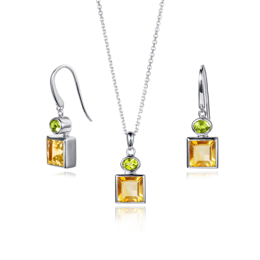 Square citrine and oval peridot earring and  matching necklace set in sterling silver