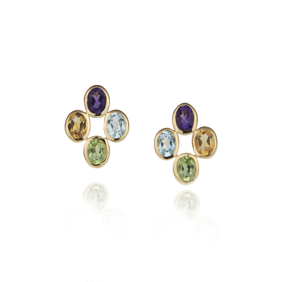 Gold stud earrings set with four cabochon gemstones; amethyst, blue topaz, citrine, peridot