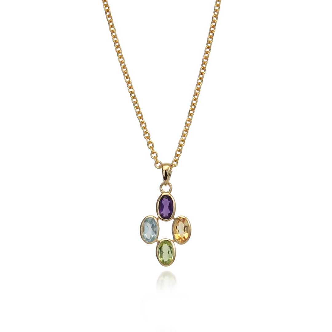 Gold necklace featuring four multicolored gemstones on a white background