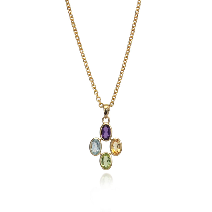 Gold necklace featuring four multicolored gemstones on a white background