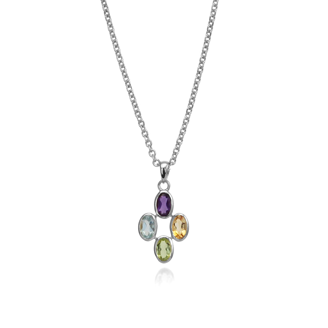 Dainty four cabochon stone pendant in silver with amethyst, blue topaz, citrine and peridot