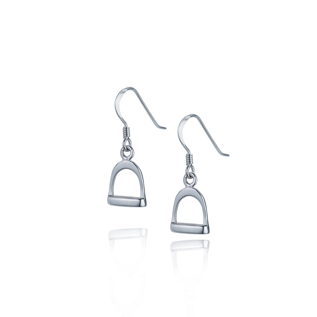 Silver equestrian stirrup earrings on a white background