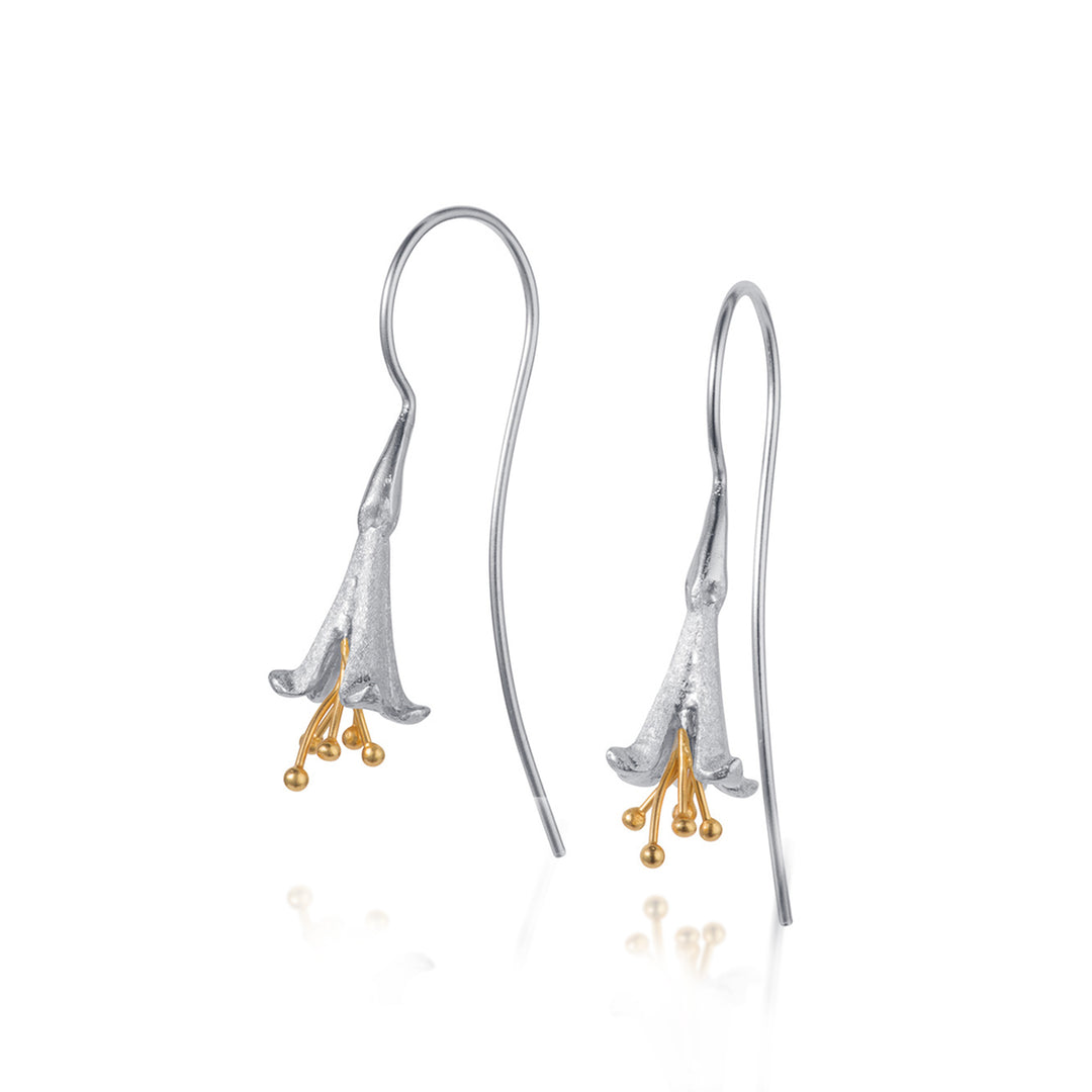 Silver and gold floral earrings on a white background