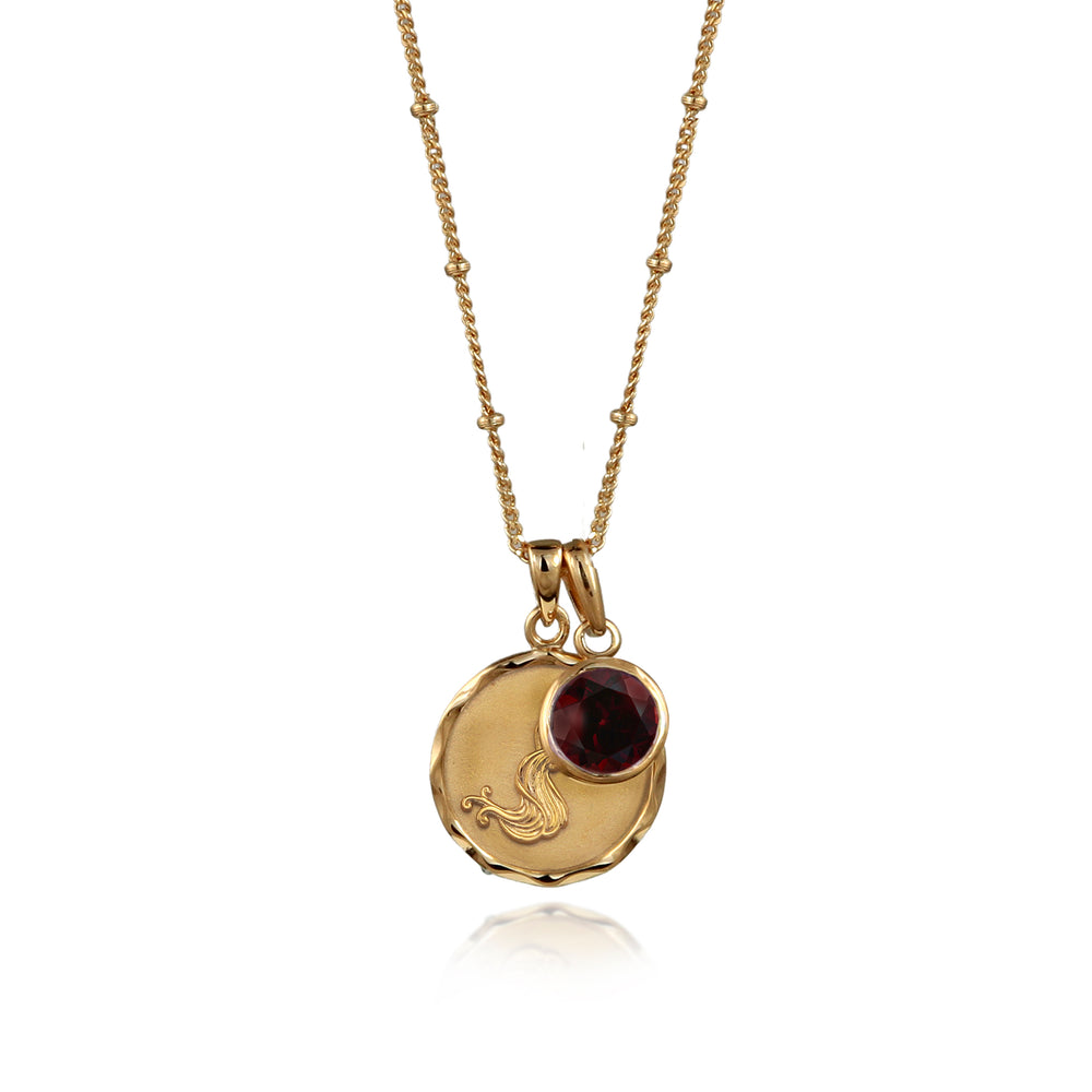 Gold vermeil Aquarius zodiac necklace with a garnet January birthstone charm