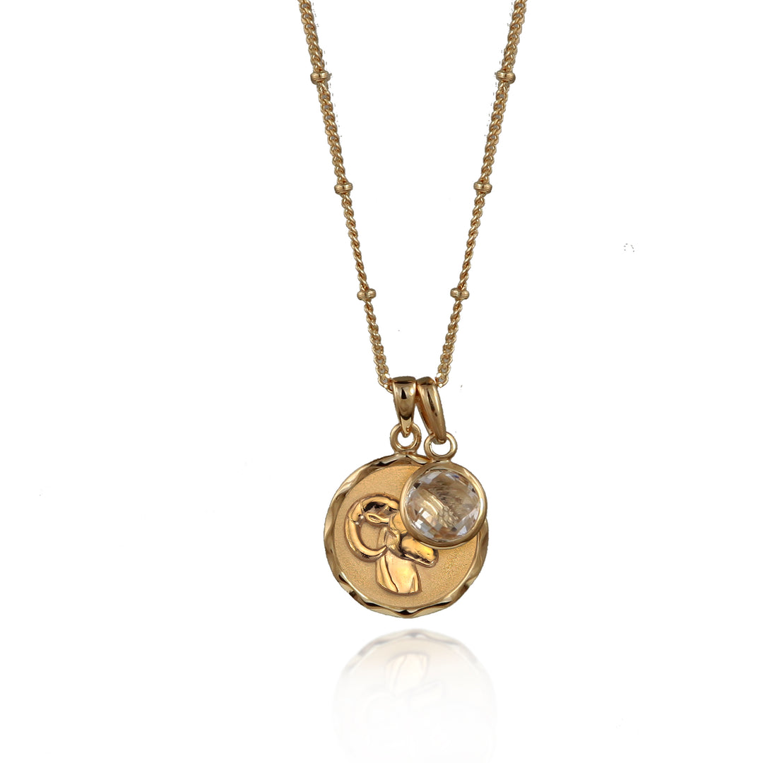 Gold vermeil Aries zodiac necklace with a white topaz April birthstone charm