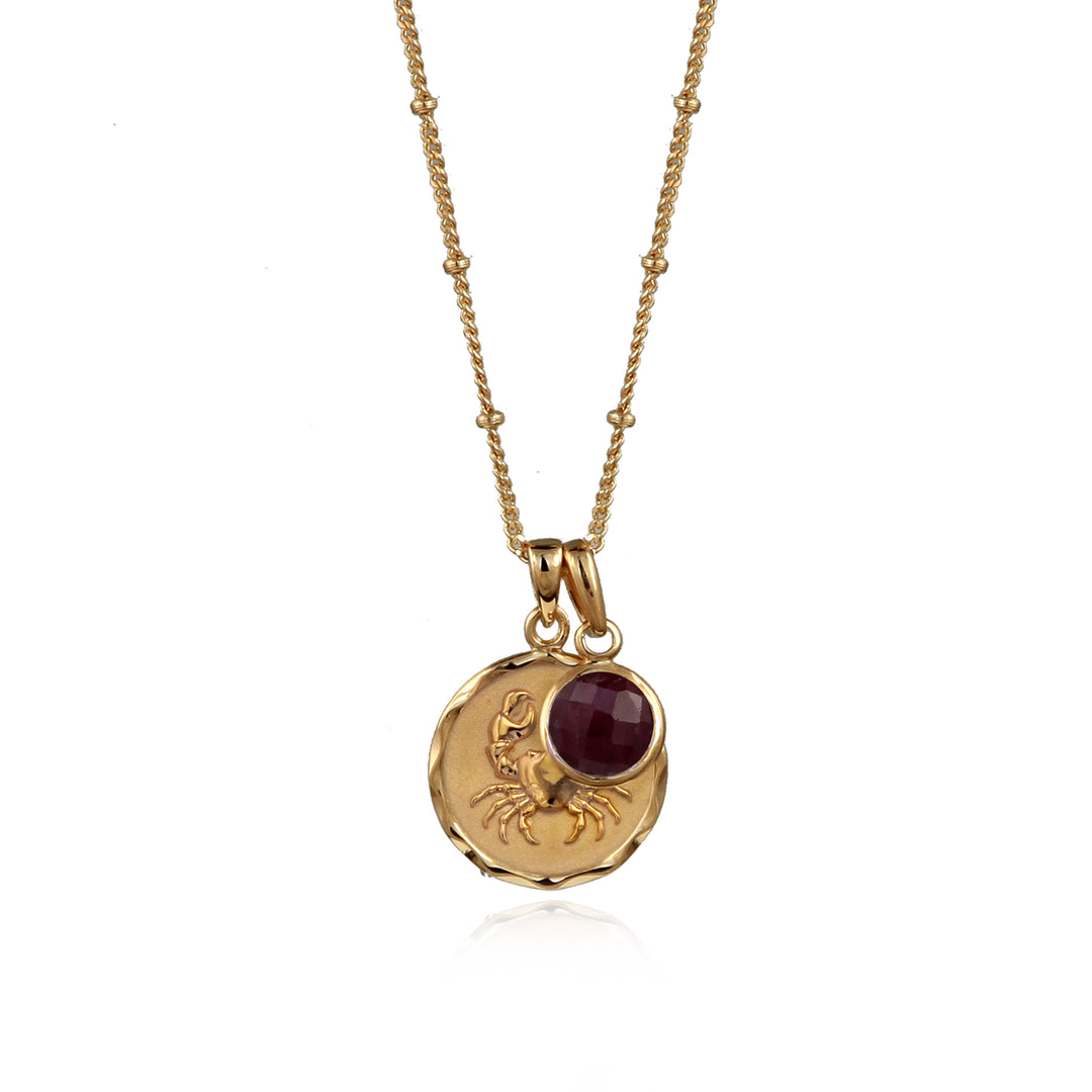 18ct gold vermeil cancer zodiac star sign pendant necklace with a ruby July birthstone charm