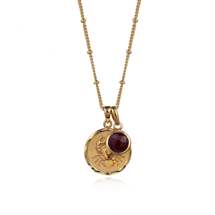 18ct gold vermeil cancer zodiac star sign pendant necklace with a ruby July birthstone charm
