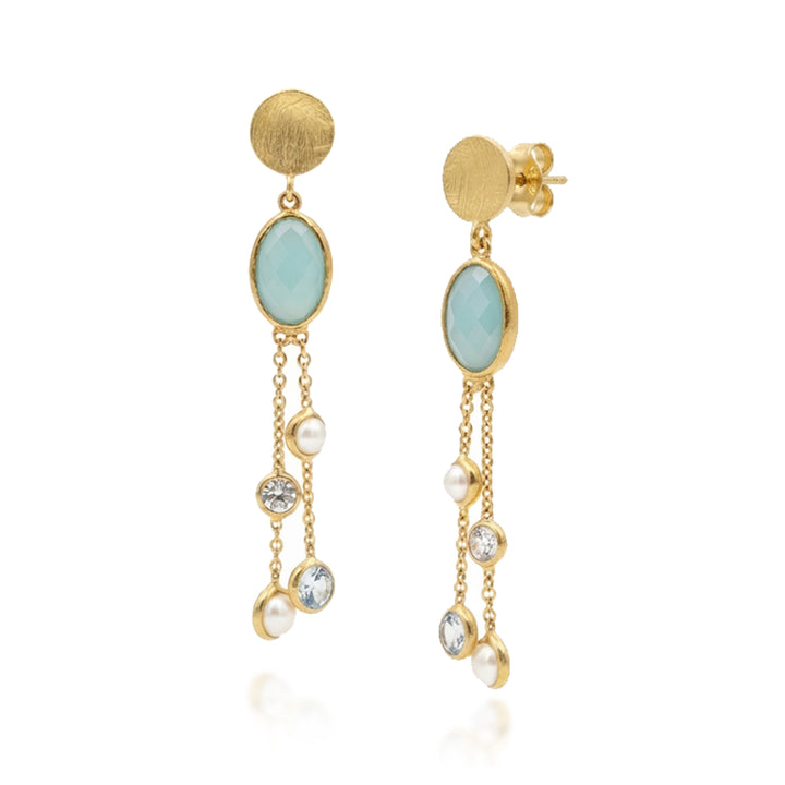 Image of gold drop chain earrings featuring an oval chalcedony gemstone, blue topaz and pearl pendants.
