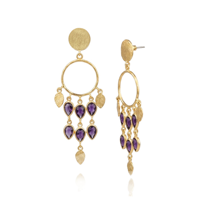 Image of gold chandelier style drop earrings with teardrop shaped iolite gemstones.